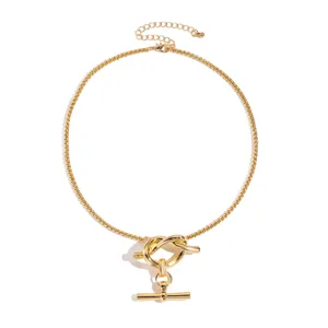 Goldfarbene geometrische Knoten-Halskette mit T-Verschluss und Verlängerungskette Damen.