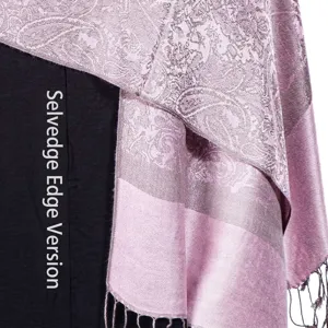 Close-up shot of lavender paisley jacquard pashmina scarf with smooth edge detail