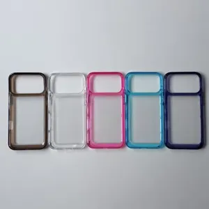Cinque cover per iPhone in acrilico trasparente con cornici colorate per fai da te resina.
