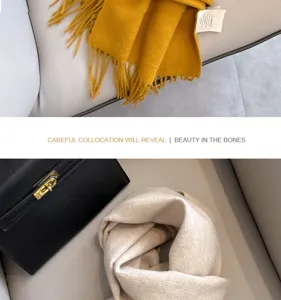 Macro detail showing texture of 100% Australian wool scarves in yellow and beige