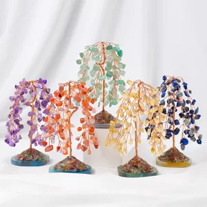 Natural Crystal Money Tree With Agate Slice Base Crushed Stone Weeping Willow Lucky Tree Ornament For Home Office Table Decor