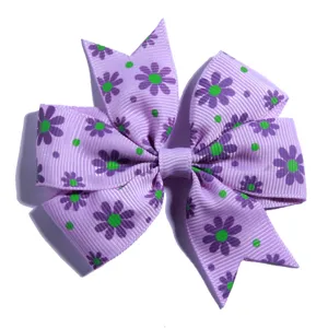Purple floral print grosgrain ribbon bow hair clip for children Christmas headwear accessories