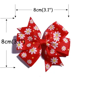 Red grosgrain ribbon bow hair clip with daisy floral print for kids hair accessories 8cm