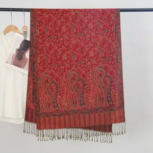 Bufanda pashmina de jacquard paisley rojo retro con elegantes flecos para mujer