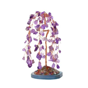 Handmade amethyst weeping willow crystal money tree on a natural agate slice base