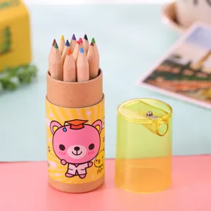 Cute cartoon bear 12-color mini colored pencils set with sharpener lid for student drawing art.