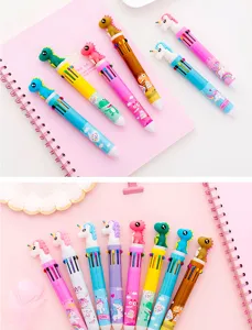 Cute cartoon dinosaur and unicorn themed 10-in-1 multicolor ballpoint pens, detail showcase.