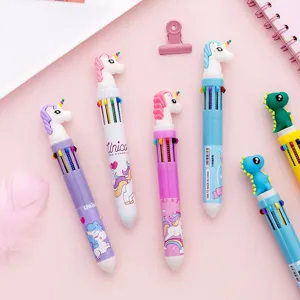 Cute 10-color ballpoint pen with cartoon unicorn and dinosaur topper, multi-color push stationery.