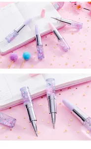 Cute lipstick gel pen with glitter quicksand, aesthetic pink student stationery and signature pen.