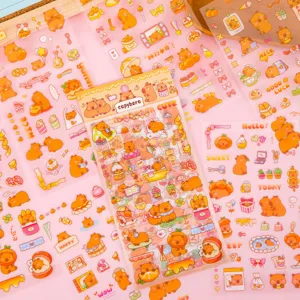 Close-up detail of cute orange capybara waterproof decorative stationery stickers set.