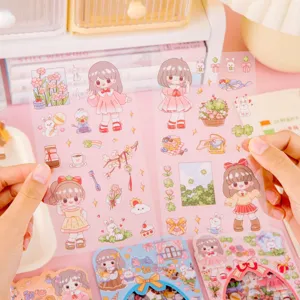 Lindos adhesivos PET transparentes de dibujos animados, papelería decorativa impermeable.
