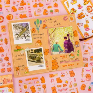 Detail view of cute cartoon capybara waterproof stickers, perfect for journal DIY decor.