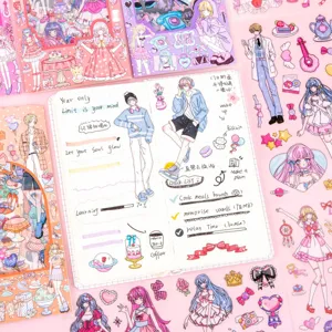 Cute anime sticker pack for journaling DIY, aesthetic PET stickers set for kids and girls daily decor.
