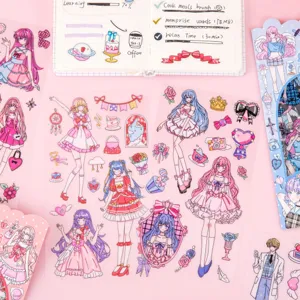 Cute anime girl transparent PET stickers detail, perfect for DIY journaling and notebook decoration.