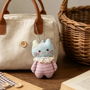 Cute Plush Animal Keychain Stuffed Bear Cat Bag Pendant Handmade Embroidered Lace Key Chain Accessory For Women Girls