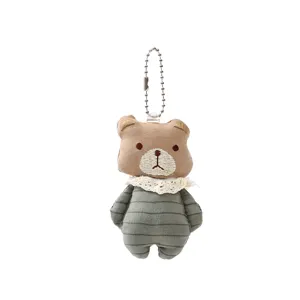 Retro fabric small bear plush keychain, pure cotton striped hand-embroidered lace bag pendant.