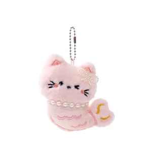 Joli porte-clés chat sirène en peluche, charm de sac avec nœud de perles, accessoire rose.