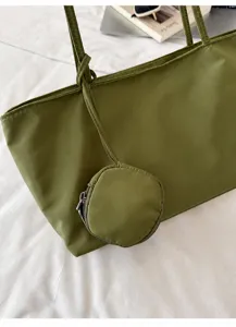 Green nylon tote bag for women, large capacity casual shoulder bag with coin purse pendant.