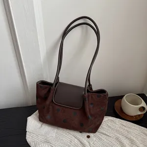 Καφέ τσάντα ώμου με πουά, casual chic τσάντα tote με διπλές λαβές και καπάκι για καθημερινή χρήση.