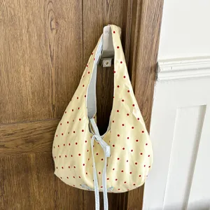 Κίτρινη κόκκινη τσάντα ώμου με πουά καμβά casual tote με φιόγκο για γυναίκες