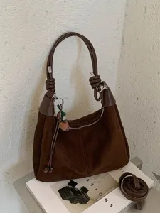 Sac Hobo en Suède Givré Rétro pour Femmes Sac à Bandoulière sous le Bras Avec Poignée à Nœud et Pendentif Optionnel Sac Ravioli