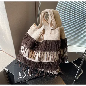 Knit fringe shoulder bag, stylish beige brown stripe design, spacious casual tote handbag.