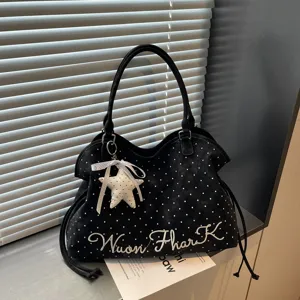 Korean style black polka dot tote bag with star pendant, casual shoulder bag for women
