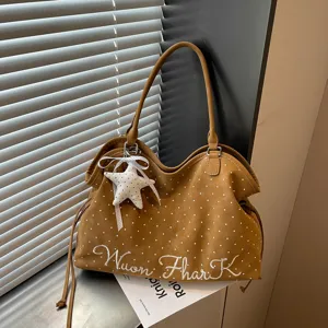 Korean style brown polka dot tote bag with cute star pendant and embroidery details for women.