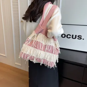 Pink and white striped knitted fringe shoulder bag, stylish large capacity beach vacation tote bag.