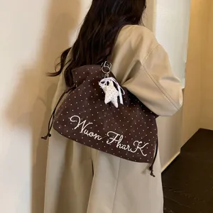Korean style brown polka dot tote bag for women, large capacity shoulder bag for daily commute.