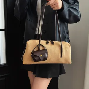 Stylish women suede underarm shoulder bag with mini coin purse pendant, autumn fashion bag.