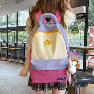Cute Cartoon Contrast Color Block Nylon School Backpack For Female Students Large Capacity Breathable Travel Shoulder Daypack Bookbag