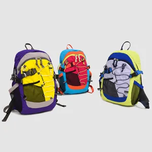 Large capacity outdoor backpack detail display showing colorful multi-pocket travel bag design.