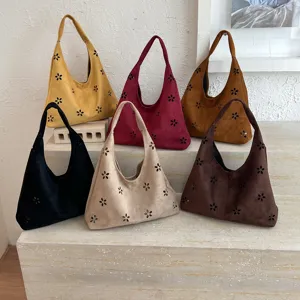Borsa a spalla hobo in camoscio casual con ritagli floreali, elegante borsa capiente.