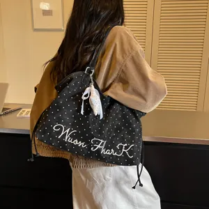 Korean style polka dot tote bag for women, large capacity suede shoulder bag for daily commute.