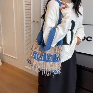 Blue and beige knitted fringe tote bag, casual large capacity beach shoulder bag for women.