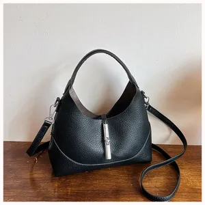 Black leather hobo shoulder bag for women, stylish dumpling crossbody bag with metal lock.