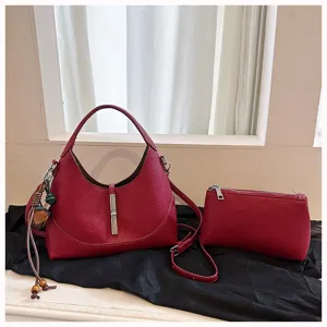 Red leather hobo shoulder bag with metal lock and small pouch for women stylish daily use