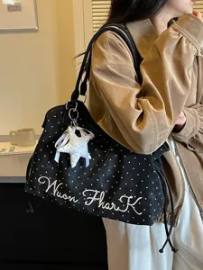 Korean style polka dot tote bag for women, large capacity autumn shoulder bag with star charm.