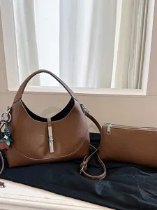 Women brown hobo shoulder bag set retro dumpling crossbody handbag with metal lock hardware