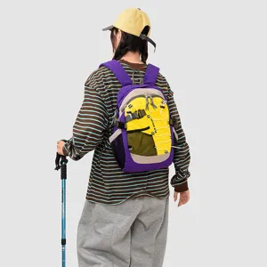 Outdoor hiking backpack with colorful contrast design, large capacity and details.