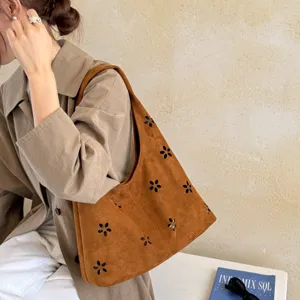 Borsa a tracolla hobo in camoscio marrone da donna, grande capacità elegante borsa da lavoro