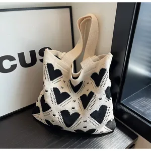 Knit tote bag with chic heart pattern, large capacity casual shoulder bag for women.