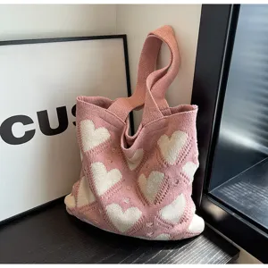 Pink knitted heart tote bag, casual shoulder underarm bag for women daily commute style