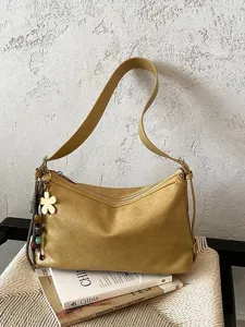Stylish women shoulder bag casual hobo PU leather handbag with chic flower charm daily commute