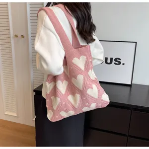 Pink knitted tote bag with cute heart pattern casual large capacity shoulder bag for women