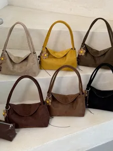Sac à épaule élégant en suédine pour femme, sac porté épaule décontracté avec charmante fleur.