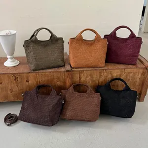 Bolso de mano tipo tote tejido para mujer, gran capacidad elegante bolso de cuero PU.