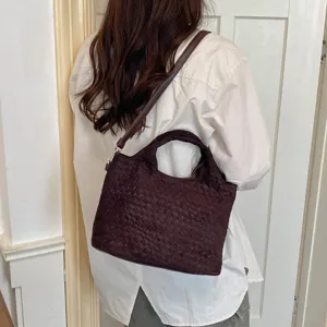 Elegante bolso de hombro trenzado marrón oscuro para mujer, bolso tote casual de gran capacidad.