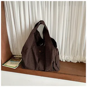 Bolso tote de lona a cuadros marrones, gran capacidad bolso de hombro casual para mujer.